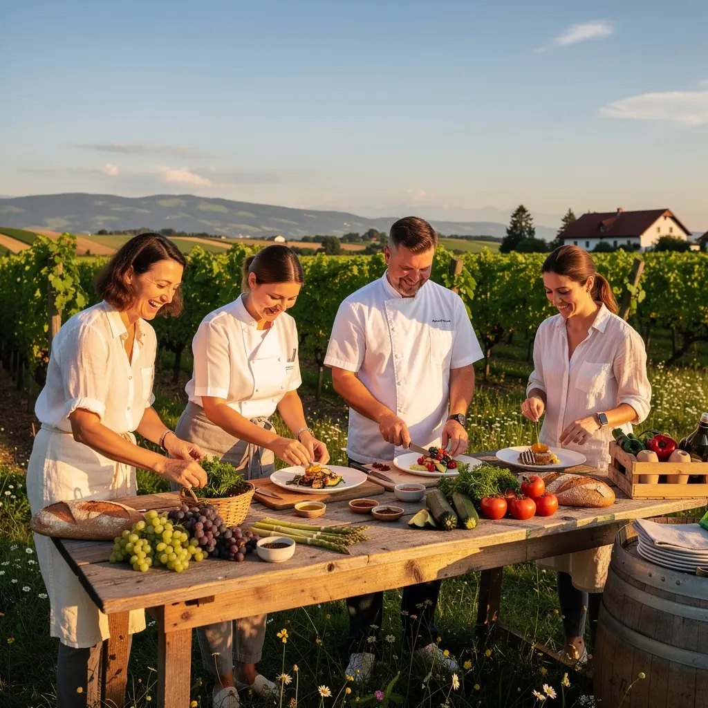 Ein Teller mit verschiedenen KГ¤sevariationen, stilvoll mit Trauben und NГјssen arrangiert.