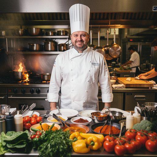 Ein kunstvoll angerichteter Teller mit buntem Gemüse und einer eleganten Soße.